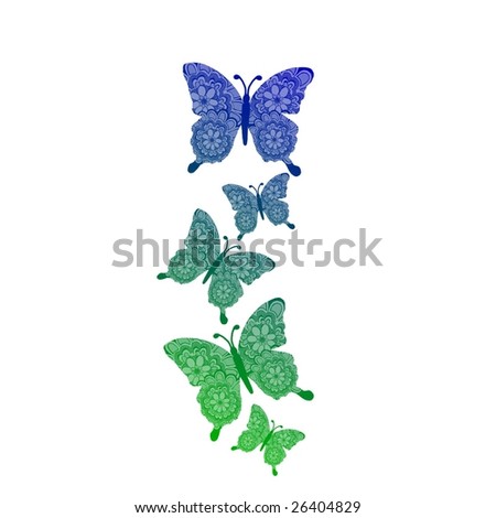a white background with green blue shaded butterflies