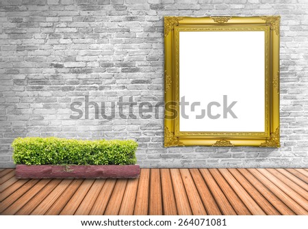 Blank frame vintage on a concrete wall with tree pot on wood floor : Fill photo and text