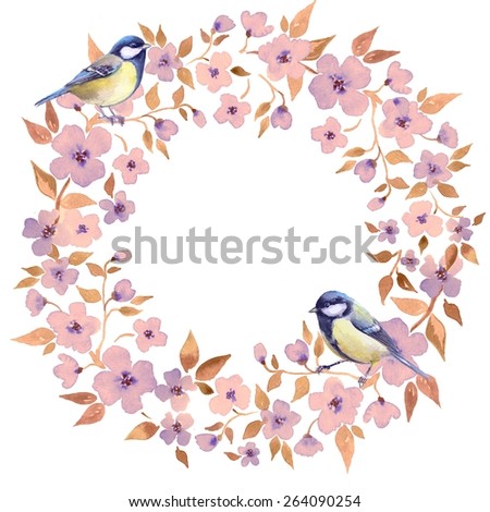 Watercolor wreath and titmouse birds 3. Watercolor illustration