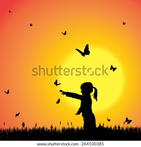 Vector silhouette of a girl with butterflies.