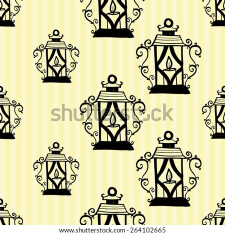 Hand drawn retro and vintage forged lantern decoration items. Set of isolated rustic wedding decorative symbols and elements. Black outline sketch.