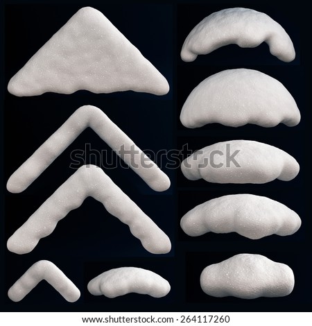 Set Isolated snow cap. Three-dimensional snow cap on white background. Digital snow cap for design and decoration of New Year's greeting cards. Realistic 3D snow cap in high resolution, high quality. Royalty-Free Stock Photo #264117260