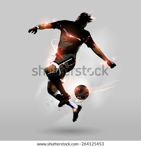 Abstract soccer player jumping touch a soccer ball in the air