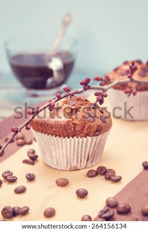 two fresh chocolate muffins  and cup of coffee, in a studio
