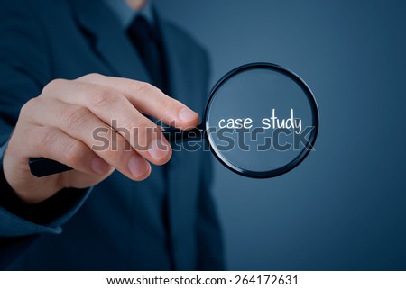 Businessman focused on case study. Businessman enlarge handwritten text case study.  Royalty-Free Stock Photo #264172631