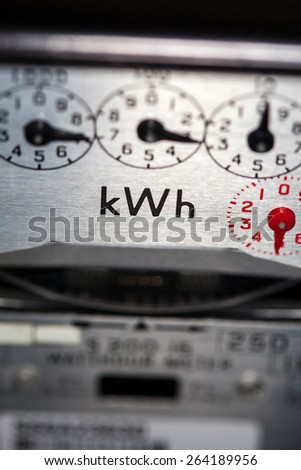 Electric meter dials close-up. Cost of living, energy bills, price rises, fuel, heating and meter reading.