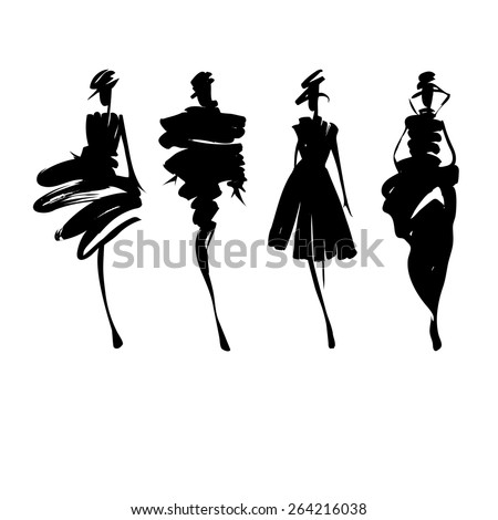 Fashion models silhouettes sketch hand drawn  , vector illustration Royalty-Free Stock Photo #264216038