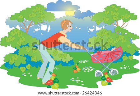 In vector drawing young father walks with a child in a wheel chair