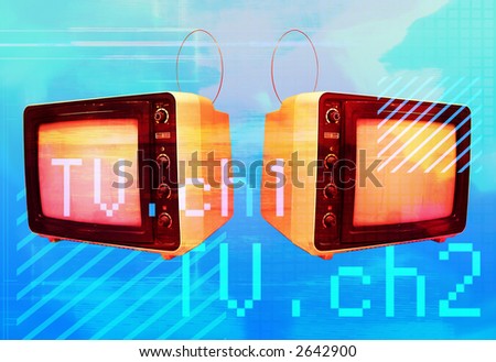 an abstract image of two old fashioned televisions with fuzzy image on the screen