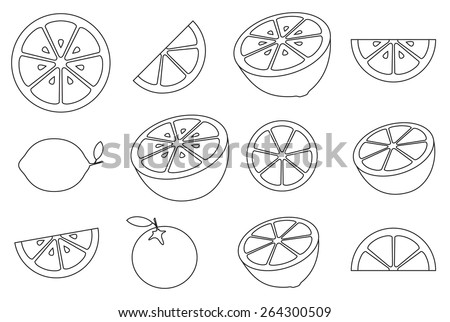 Collection of citrus slices - orange, lemon, lime and grapefruit, icons set, black isolated on white background, vector illustration. Royalty-Free Stock Photo #264300509
