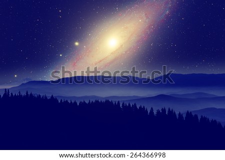 Starry landscape with Andromeda galaxy rising (taken through my telescope). Mountain landsape is named Golija in Serbia.