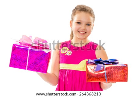  Girl in pink dress holding gifts - isolated on white background