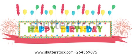 happy birthday text with balloon and fireworks Greeting Card banner