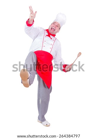 Cheerful chef dancing isolated on white background. Crazy cook jumping with wooden spoon.
