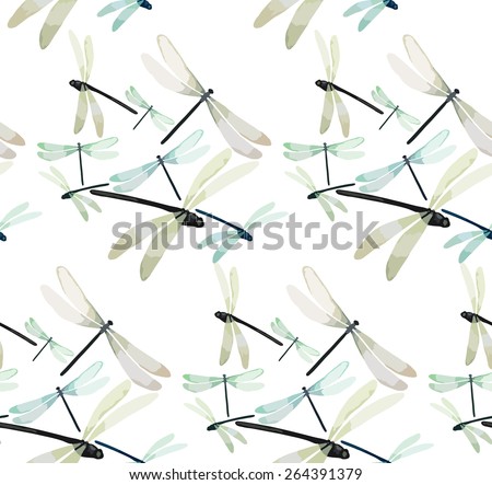 Watercolor dragonflies. Top, front views.  Vector pattern
