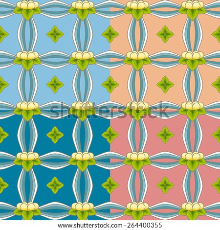 The pattern with multicolor lotuses drawn on a multicolor backgrounds 