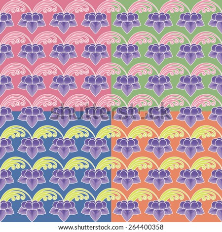 The pattern with bright multicolor lotuses drawn on a multicolor backgrounds 