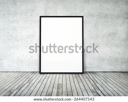 Black frame on wooden floor in white interior