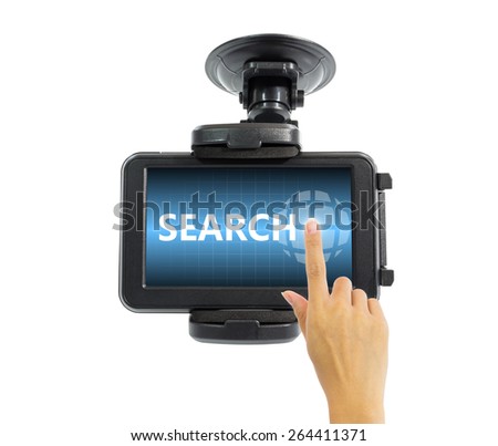 Car gps or satellite navigation device and using hand isolated on white. People or driver to search positioning on screen display. Automotive navigation system in portable equipment for navigator.