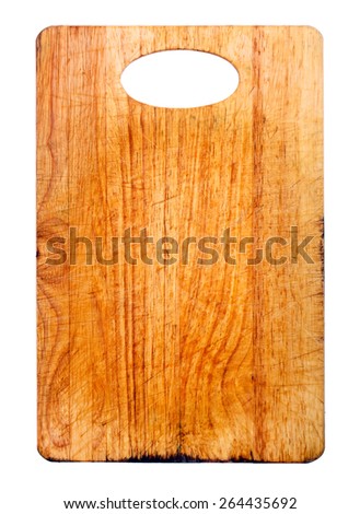Old and used natural wooden cooking board with cuts isolated.