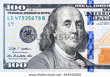 Close up of new hundred dollar bill. Royalty-Free Stock Photo #264436682