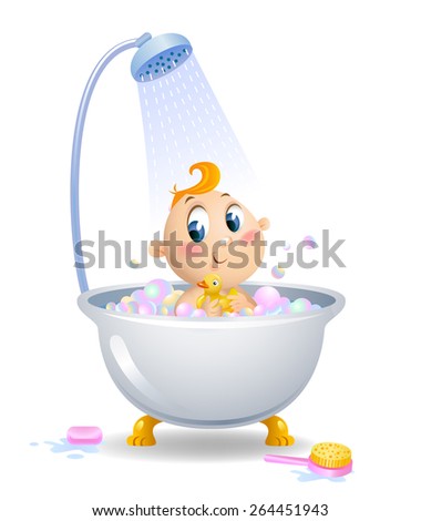 Cute Baby boy in shower, vector illustration.