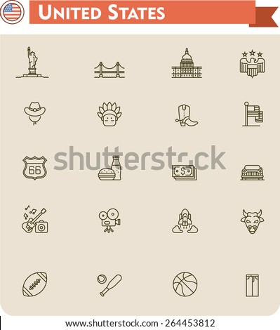 Simple linear Vector icon set representing United States of America travel destinations and culture symbols
