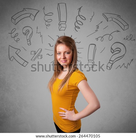 Cute young girl with question sign doodles on gradient background