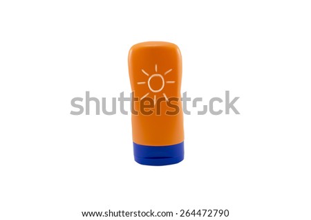 Summer concept : Beach items - Bottle sunblock cream isolated on white background Royalty-Free Stock Photo #264472790