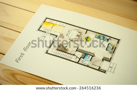 Watercolor and ink freehand sketch drawing of apartment flat floor plan with black ballpoint pen, symbolizing artistic custom unique boutique approach to real estate business branch and design process