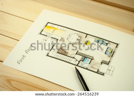 Watercolor and ink freehand sketch drawing of apartment flat floor plan with an aquarelle marker, symbolizing artistic custom unique boutique approach to real estate business branch and design process