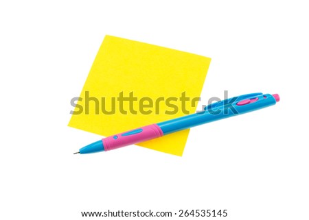 Color paper note and pen on isolated white background