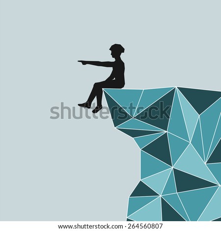 Vector abstract silhouette climber sitting on the edge of the mountain and shows his hand into the distance