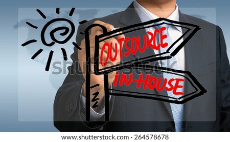 outsource or in-house signpost concept hand drawing by businessman
