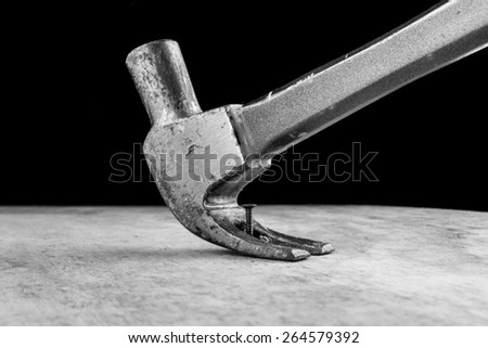Hammer was taking out the nail from the wooden board,Black and white concept.