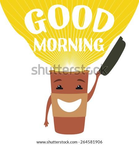 Vector graphic illustration with cute cup of coffee to go with smiley face. Good morning 