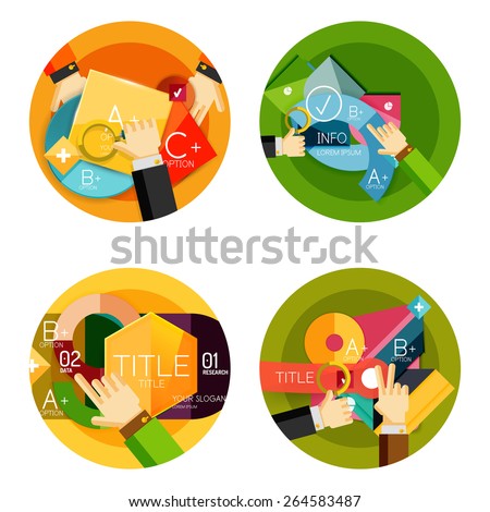 Set of option presentation labels, flat design web infographic boxes, paper graphics with gestures