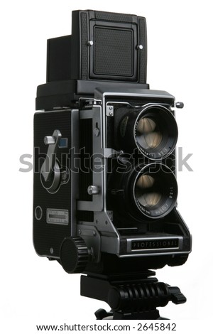 Vintage TLR medium format camera camera, three quarter view on white
