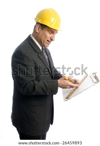 excited happy contractor builder architect with plan clipboard