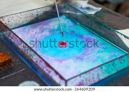 Making circle on water surface with stick and color inks