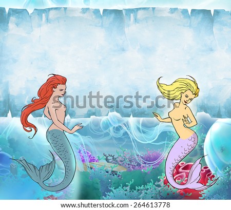 Cartoon illustration of two beautiful fantasy mermaids under the sea among the jellyfish