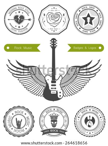 Set of logos rock music and recording studios. Music design elements with font type and illustration vector. Vintage label Rock Beast ( T-Shirt Print ).