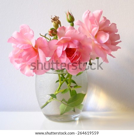 Bouquet of pink roses in a vase. Floral still life.