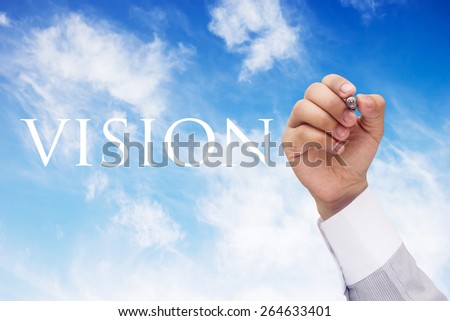 Business man's hand writing massage at blue sky  background