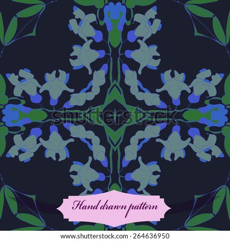 Circular seamless pattern of floral motif, flowers, leaves, star, label. Hand drawn.