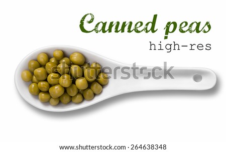 Canned peas in white porcelain spoon / high resolution product photography of seed in white porcelain spoon over white background with place for your text