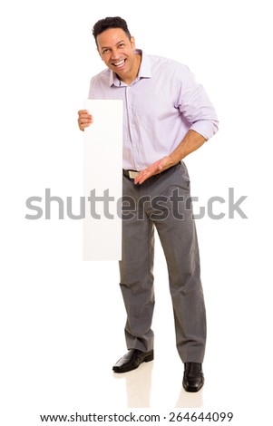 cheerful middle aged man presenting blank board on white background