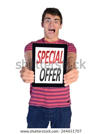 isolated man showing special offer tablet