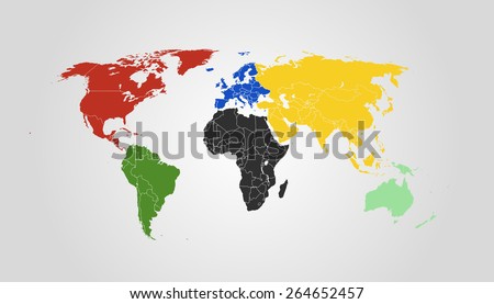 Vector World Map. Symbolic colors for every Continent. High detail illustration. 2015 version.