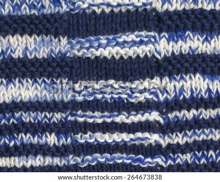 Close up knitted textile in blue and white shades